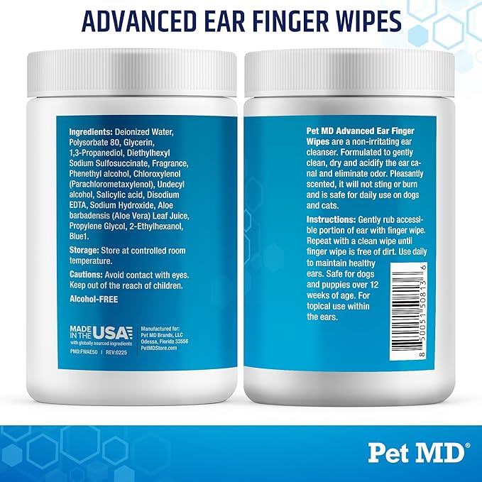Pet MD Advanced Ear Finger Wipes for Dogs & Cats - Non-Irritating Ear Wipes & Ear Cleaner - Pet Safe Cleaner to Aid in Itchiness and Odor - Cucumber Melon (50ct)