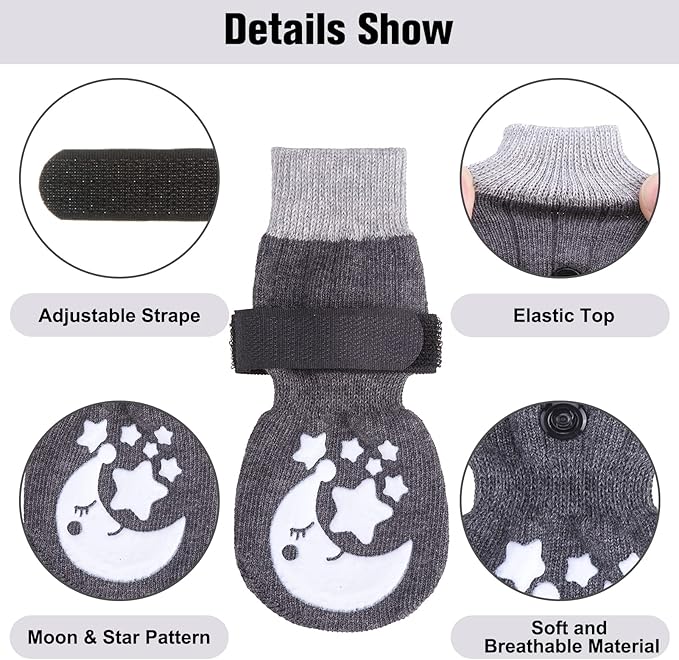 BEAUTYZOO Anti-Slip Dog Socks with Grips Traction Control for Small Medium Large Dogs, Non Skid Indoor Double Side Pet Paw Protector for Hardwood Floor Wear (Moon and Star, XL)