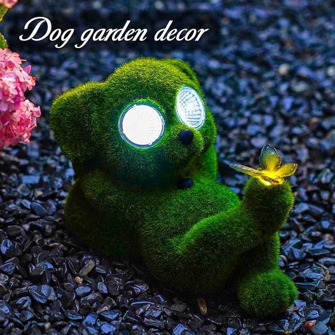 Solar Topiary Dog Garden Statue with Butterfly Garden Decor Clearance for Yard Decorations Outdoor Lawn Ornaments Porch Patio Balcony - Birthday Gifts for Grandma Mom Women