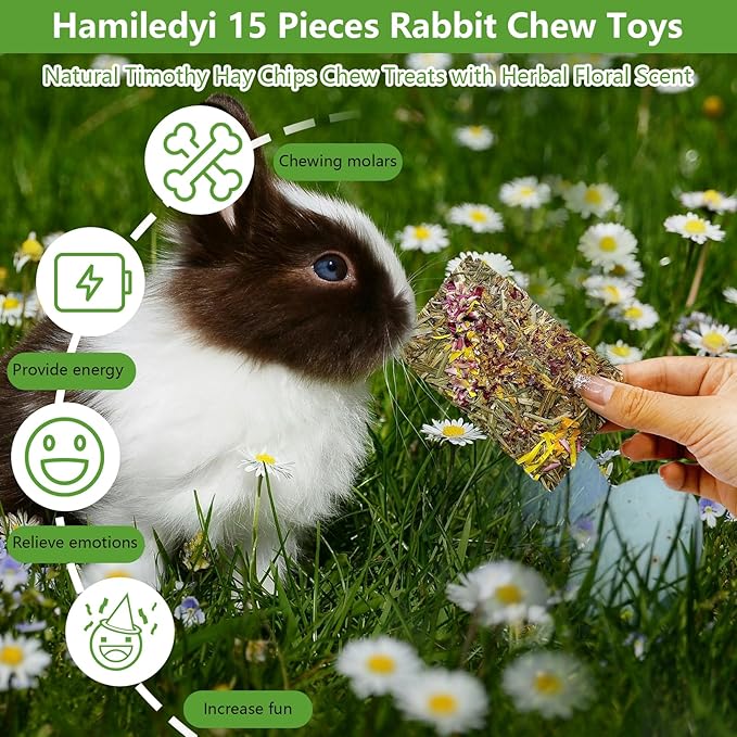 Hamiledyi Rabbit Chew Toys 15 Pieces Natural Timothy Hay Chips Chew Treats with Herbal Floral Scent for Rabbit Guinea Pig Hamster Chinchilla