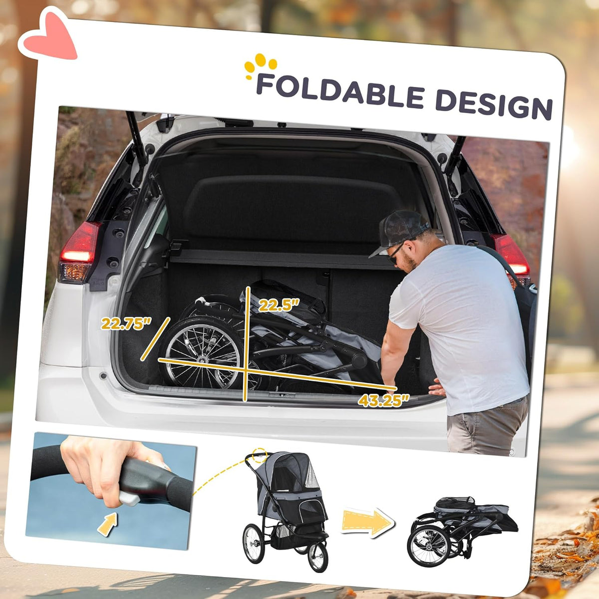 PawHut 3 Wheels Pet Stroller for Small and Medium Dogs, Foldable Cat Stroller Jogger with Adjustable Canopy, Safety Tether, Cushion, Storage Basket, Gray