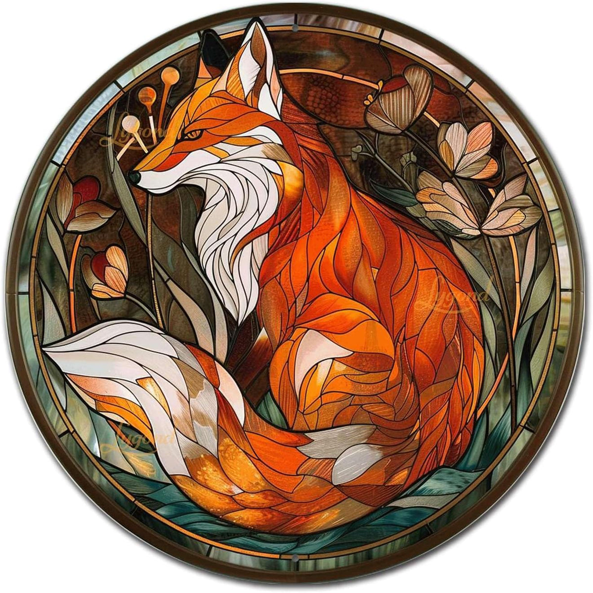 Lygond Metal Sign Tin Sign Circular Stained Glass Red Fox Funny Garden Signs for Garden 8×8 Inches