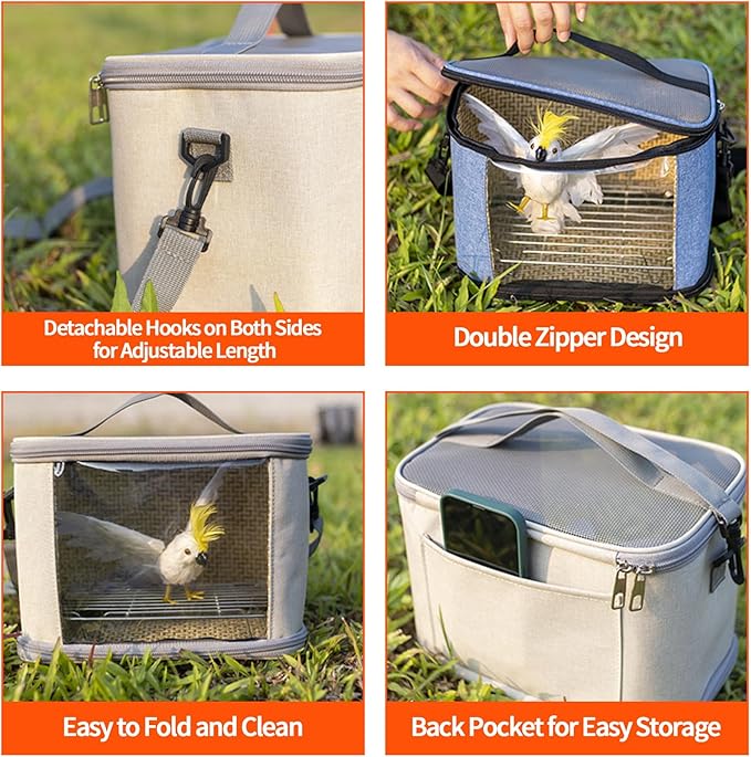 Bird Travel Carrierm, Small Bird Travel Backpack Carrier Cage with Tray and Breathable Clear Window, for Parakeet Cockatiel Budgies, for Camping Hiking (Large-White)