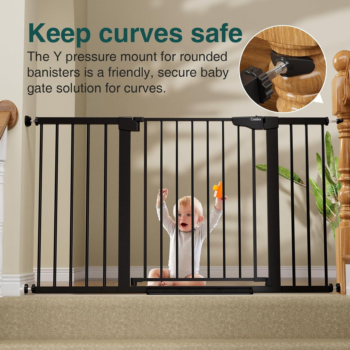 Cumbor 29.7-54.2" Wide Baby Gate for Stairs, Mom's Choice Awards Winner-Self Closing Dog Gate Indoor for Doorways, No Drilling Pressure Mounted Pet Gates for Kids, Easy Walk Through Safety Gate, Black