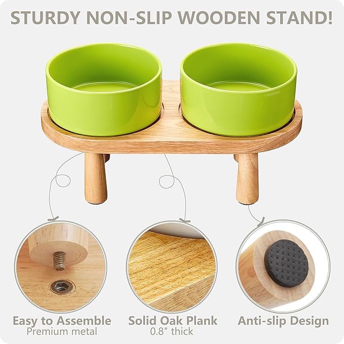 Ceramic Elevated Dog Bowls, Pet Food and Water Bowl Set for Large Dogs, 7.5 Cups Dog Bowls Raised with Wood Stand, 61OZ, Green