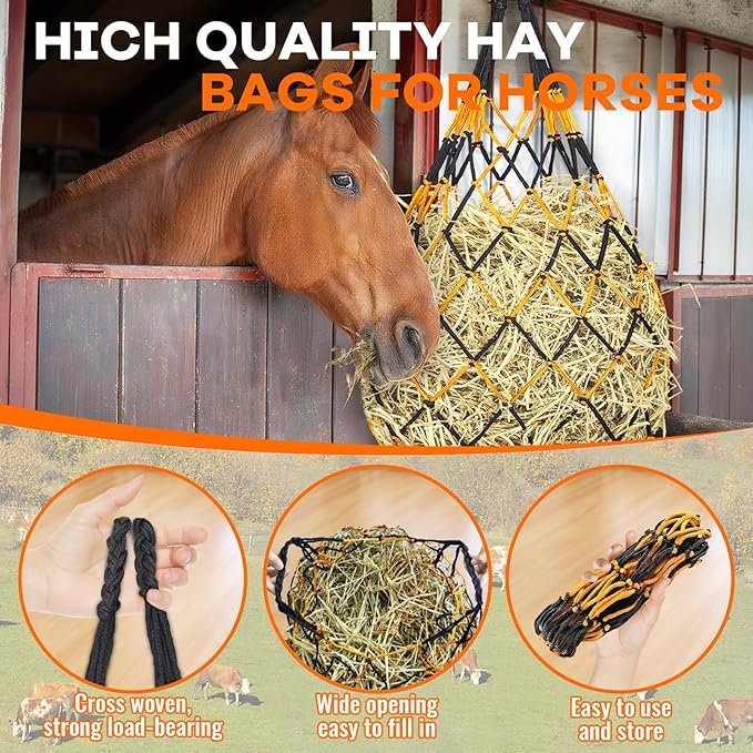 3 Pcs Hay Bags for Horses, Hay Nets for Horses Goat Sheep,Goat Hay Feeder for Slower Feeding,Strong Load-Bearing Hay Bag Hanging for Horse Stable Trailer (Black and Yellow)