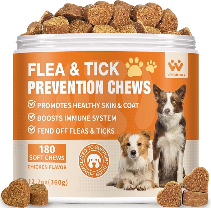 Flea and Tick Prevention for Dogs Chewables - Natural Dog Flea and Tick Treatment Chewable - Oral Flea Supplement for Dogs - Puppy Flea Support - All Breeds & Ages - 180 Soft Chews
