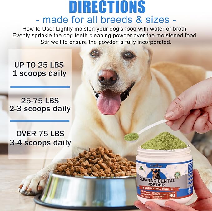 Dog Teeth Cleaning Powder, Dog Dental Powder and Breath Freshener, Plaque Off Pet Tooth Cleaning lab co, Bad Breath & Tartar Remover for Dogs, Natural Herbal Blend - All Breeds & Sizes