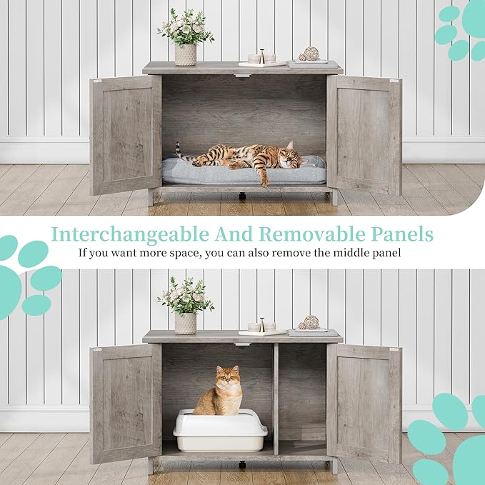 Vongrasig Cat Litter Box Enclosure,Litter Box Furniture Hidden with Barn Door,Wooden Cat Washroom Furniture,Cat House,End Table, Fit Most of Litter Box, Grey
