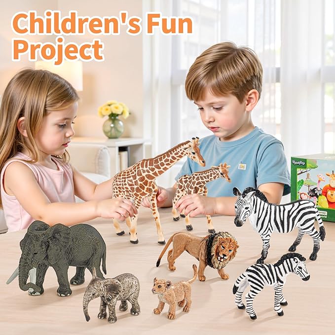 8PCS Safari Zoo Animals Figurines Toys, Realistic Plastic Jungle Animal Figures, Includes Lion,Elephant,Giraffe,Zebra, African Wild Animals, Educational Learning Playset for Kids