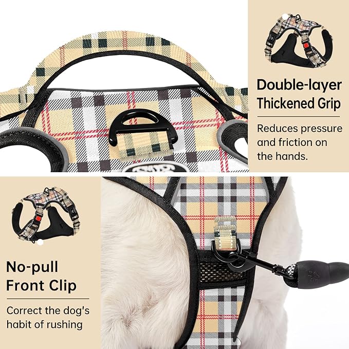 IVY&LANE No Pull Dog Harness with Leash Set, Reflective No Choke Pet Vest,Adjustable Oxford Dog Vest Harness with Easy Control Handle for Small Dogs (Checkered Beige,S)