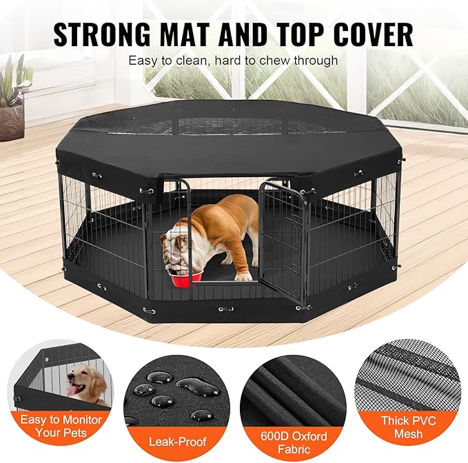 VEVOR Foldable Dog Playpen, 8-Panel Metal Pet Exercise Pen, 24"x24" Dog Fence with Door, Storage Bag, Top Cover, and Bottom Pad for Indoor and Outdoor Use - Ideal for Dogs, Cats, and Small Animals