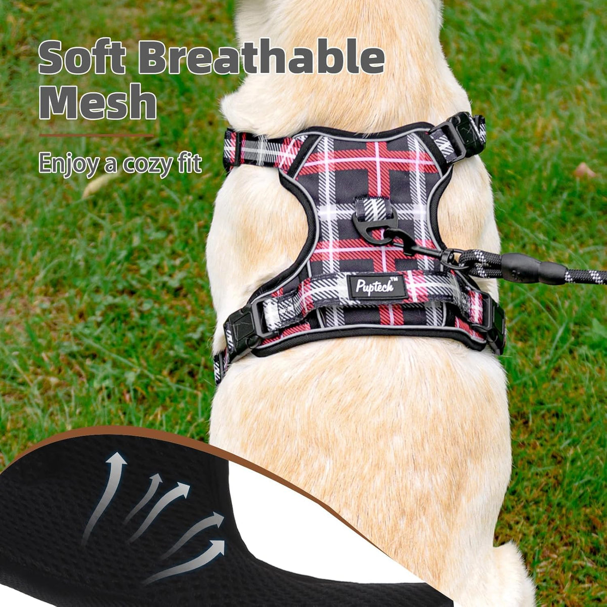 PUPTECK No Pull Dog Harness Small Sized, Adjustable Reflective Dog Harness with Handle Easy Control, Comfortable Soft Padded Pet Vest Harness for Small Dogs, Plaid Black M