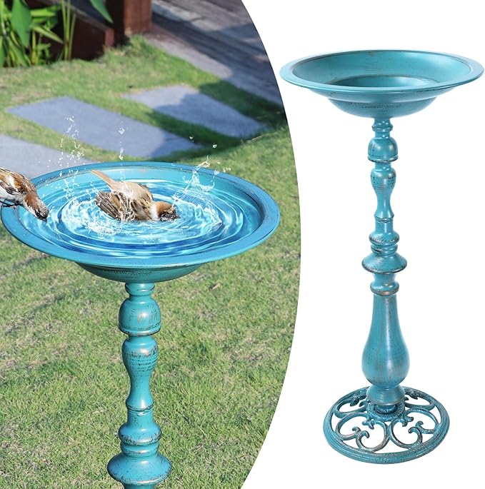 26.6”H×12.3" W Cast Iron Pedestal Bird Bath，Metal Birdbaths Bird Feeder Seed Tray for Garden Yard Decor -Blue.