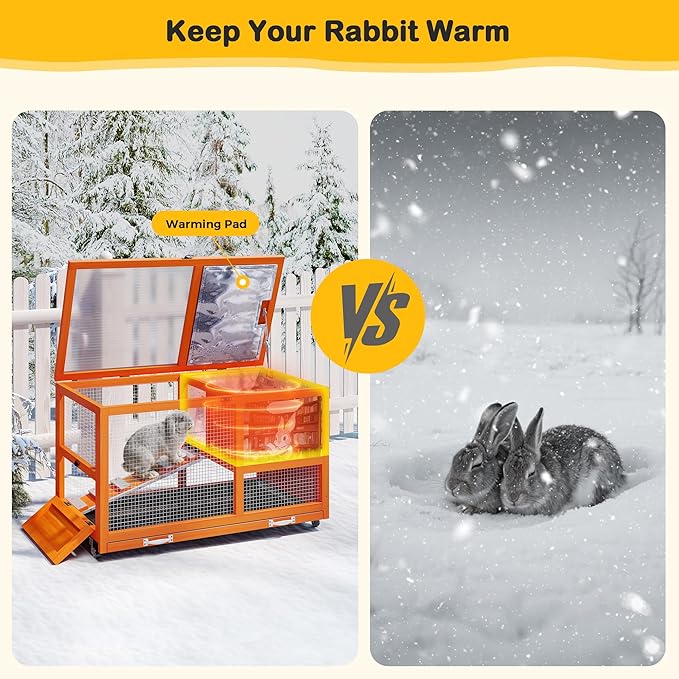 COZIWOW 36.5-Inch Double-Decker Wooden Insulated Rabbit Hutch with Wheels, Heated Rabbit Cage Featuring A Cleaning Tray and Ladder—Stylish&Easy to Assemble（Orange and Warm）