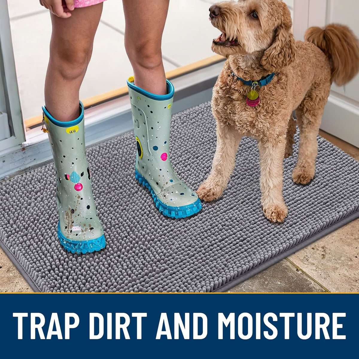 Smiry Dog Door Mat for Muddy Paws 30x17, Absorbs Moisture and Dirt Doormat, Non-Slip Washable Quick Dry Chenille Front Door Mat Indoor Entrance, Entryway Carpet for Inside Floor, Grey