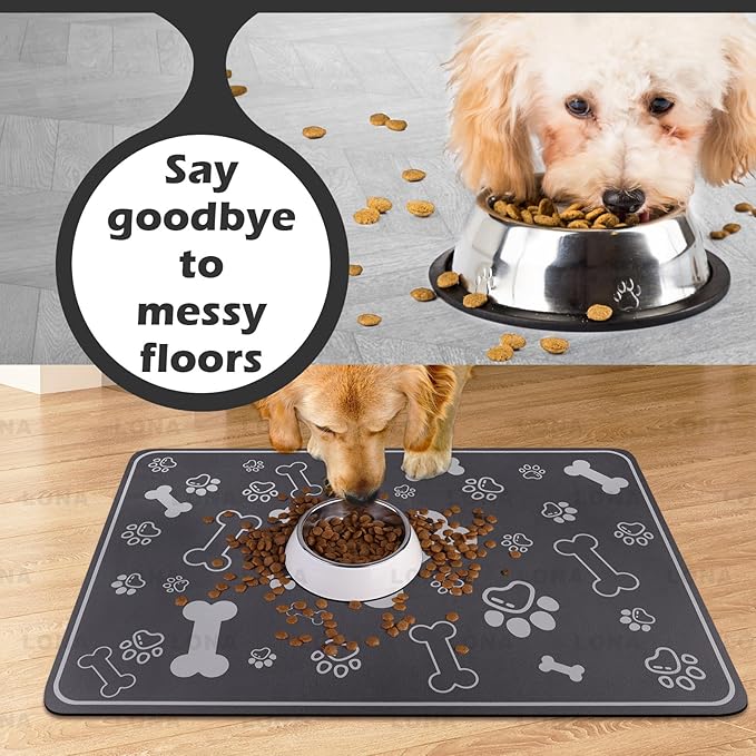 Pet Feeding Mat,Rapid Absorbent Mats for Dog Cat Food, Dog Placemat Water Bowl Mat with Rubber Backing,Messy Drinkers to Protect Floors, Pet Accessories 17"×29" Dark Grey
