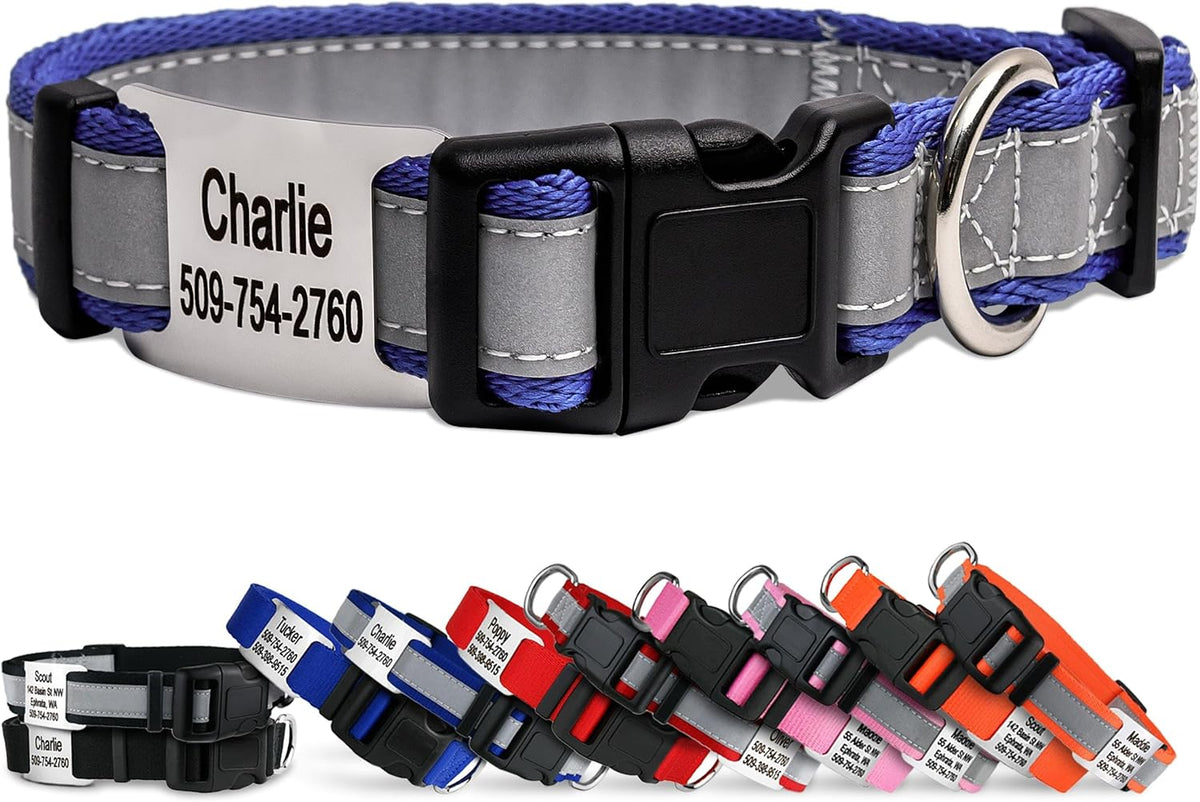 GoTags Reflective Personalized Dog Collar with Nameplate, Adjustable Dog Collar with Custom Engraved Steel Slide On Pet ID Tag, Silent, No Noise Dog Tag for Large Medium or Small (Lavender, Large)