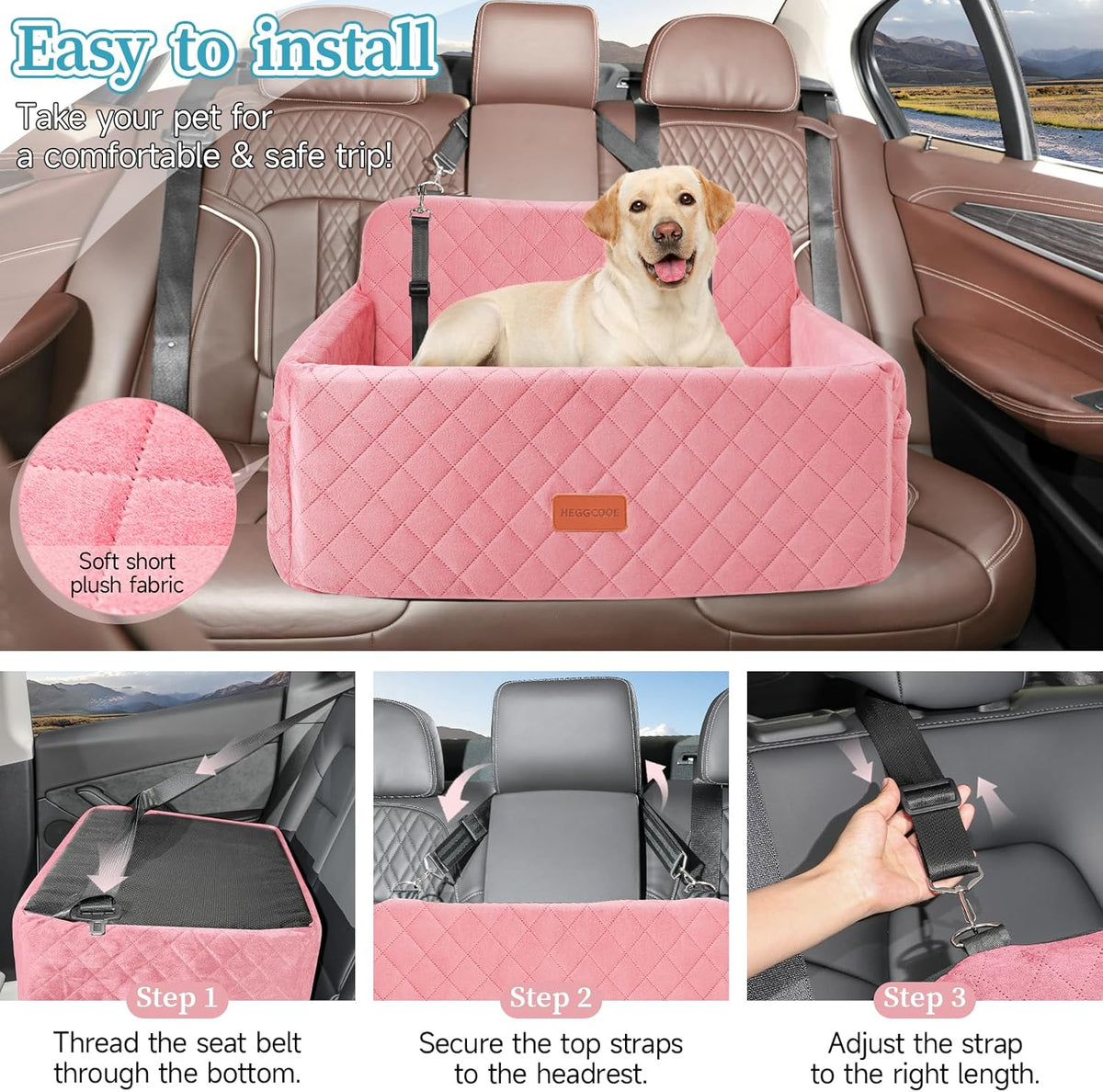 Dog Car Seat for Medium/Large Dogs, Pet Booster Seat for Under 55 lbs or 2 Small Dogs, Detachable & Washable Dog Car Bed for Backseat with 2 Safety Leashes (Pink)