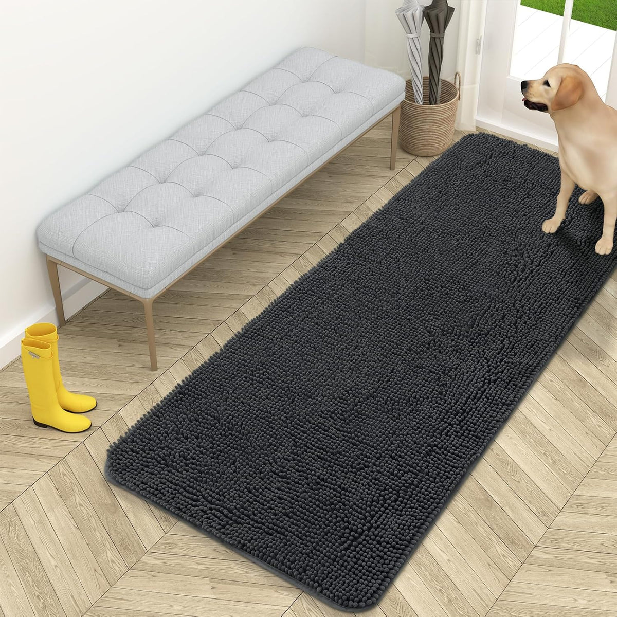 OLANLY Dog Door Mat for Muddy Paws 59x24, Absorbs Moisture and Dirt, Absorbent Non-Slip Washable Doormat, Quick Dry Chenille Mud Mat for Dogs, Entry Indoor Entryway Carpet for Inside Floor, Dark Grey