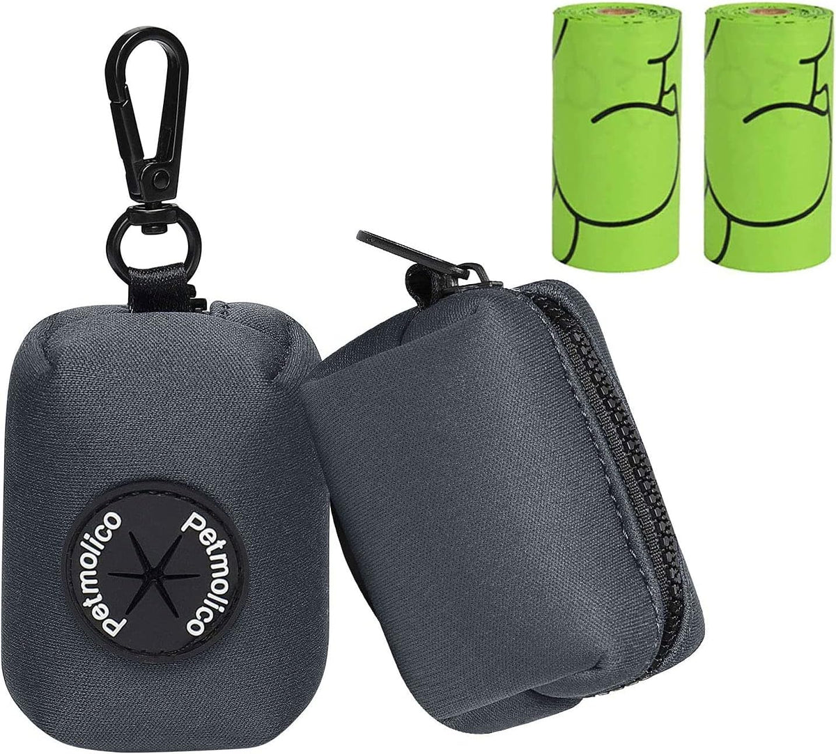 Petmolico Dog Poop Bag Holder Leash Attachment, Dog Waste Bag Dispenser Zippered Pouch, Fits Any Dog Leash, Includes Free Roll of Dog Bags, Poop Bag Dispenser - 2 Pack, Deep Gray