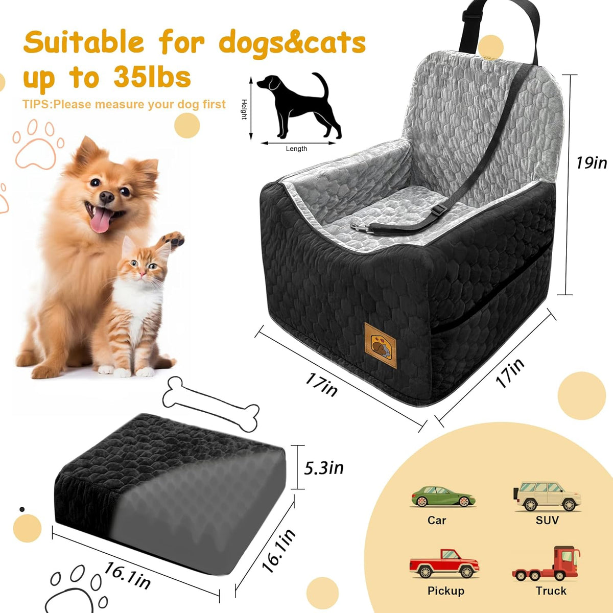 Dog Car Seat for Small/Medium Dogs, Memory Foam Dog Booster Seat, Travel Safety Per Car Seat with Washable Removable Cover, Storage Pockets, up to 35 lbs(BlackGray)