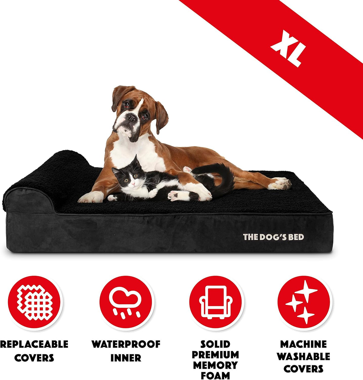 The Dog’s Bed Orthopedic Headrest Dog Bed XL Black Plush 46x28, Memory Foam, Pain Relief for Arthritis, Hip & Elbow Dysplasia, Post Surgery, Lameness, Veterinary Approved, Waterproof Washable Cover