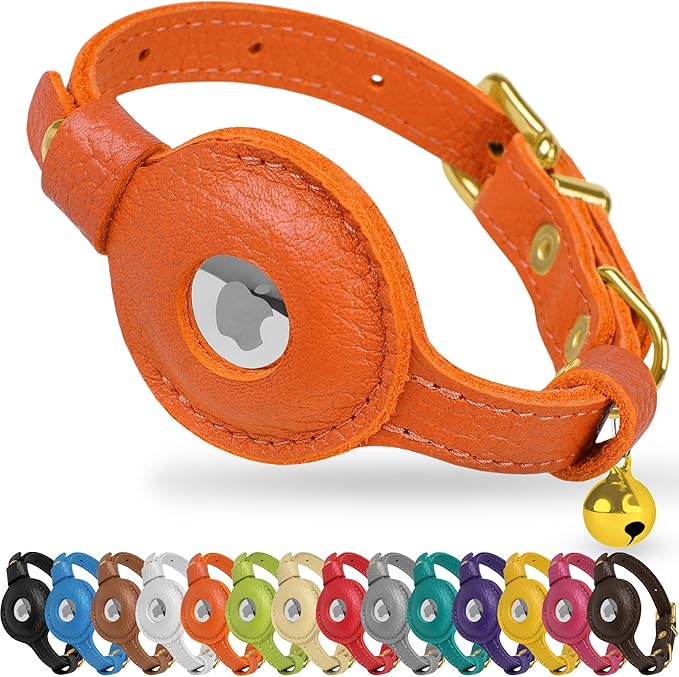 OOPSDOGGY Leather AirTag Cat Collar with Bell - Non Breakaway Kitten Collar with Apple Air Tag Holder - Lightweight GPS Pet Collars for Girl Boy Cats, Small Dogs, Puppies (Orange)