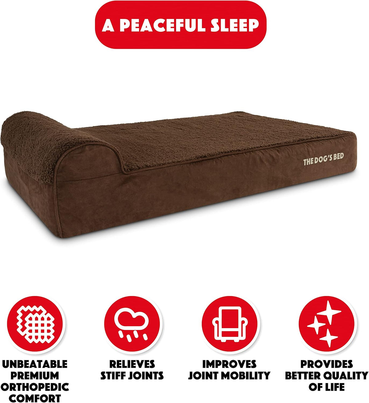 The Dog’s Bed Orthopedic Headrest Dog Bed XL Brown Plush 46x28, Memory Foam, Pain Relief for Arthritis, Hip & Elbow Dysplasia, Post Surgery, Lameness, Veterinary Approved, Waterproof Washable Cover
