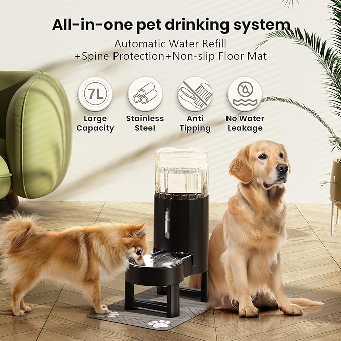 CZPET Elevated Dog Water Bowl Dispenser with Mat for Large Dogs,Tall Raised Pet Waterer Stand,Relieve Neck Pressure,Large Capacity and Drinking Area Noise-Free for Pets (7L+Stand+Mat)
