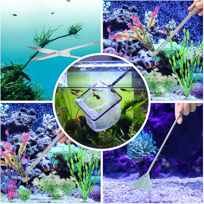7 in 1 Aquarium Aquascape Tool Kit 15 inch, Aquatic Plant Extra Long Aquascaping Tool for Aquarium Fish Tanks Clean Accessories Set with Silver Tweezer Scissor Spatula, Fish Net, PH Paper, Bag
