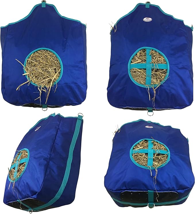 Majestic Ally Nylon Hay Feeder Tote Bag for Horse, Goat, Sheep - Double Sides Open Feed Hole with Faux Leather Ventilated Bottom- Premium Quality -Simulates Grazing - Reduces Waste (Royal Blue)