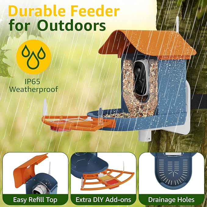 PeckCam® Smart Bird Feeder with Camera 2K HD Auto Detect & Notify, AI Identify 10000+ Birds Camera with Solar Panel 5 Perch Attachments Wireless Outdoor Birdwatching Gift for Birds Lover, Orange
