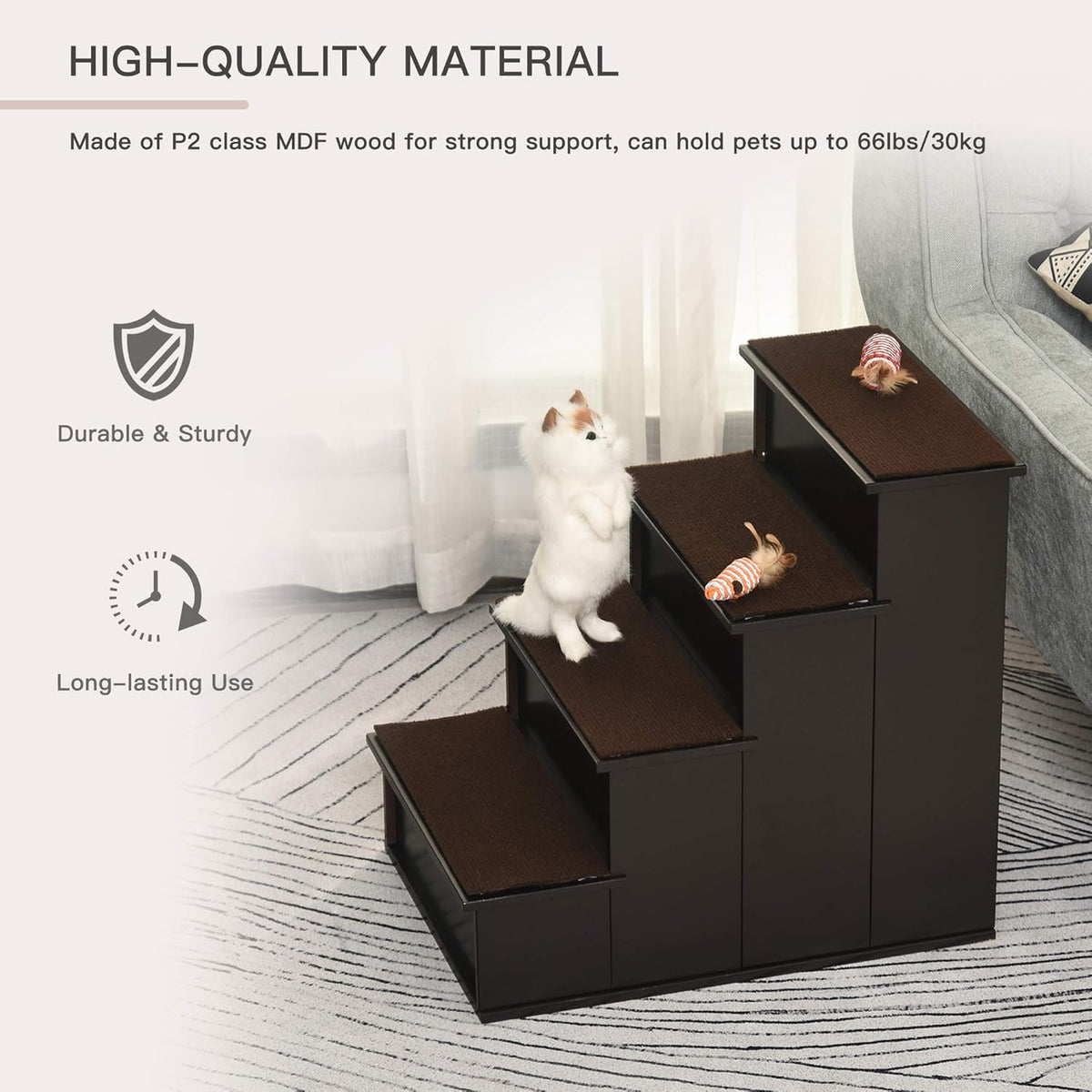 PawHut Pet Stairs, Small Pet Steps with Cushioned Removable Covering for Dogs and Cats Up to 22 lbs, Brown
