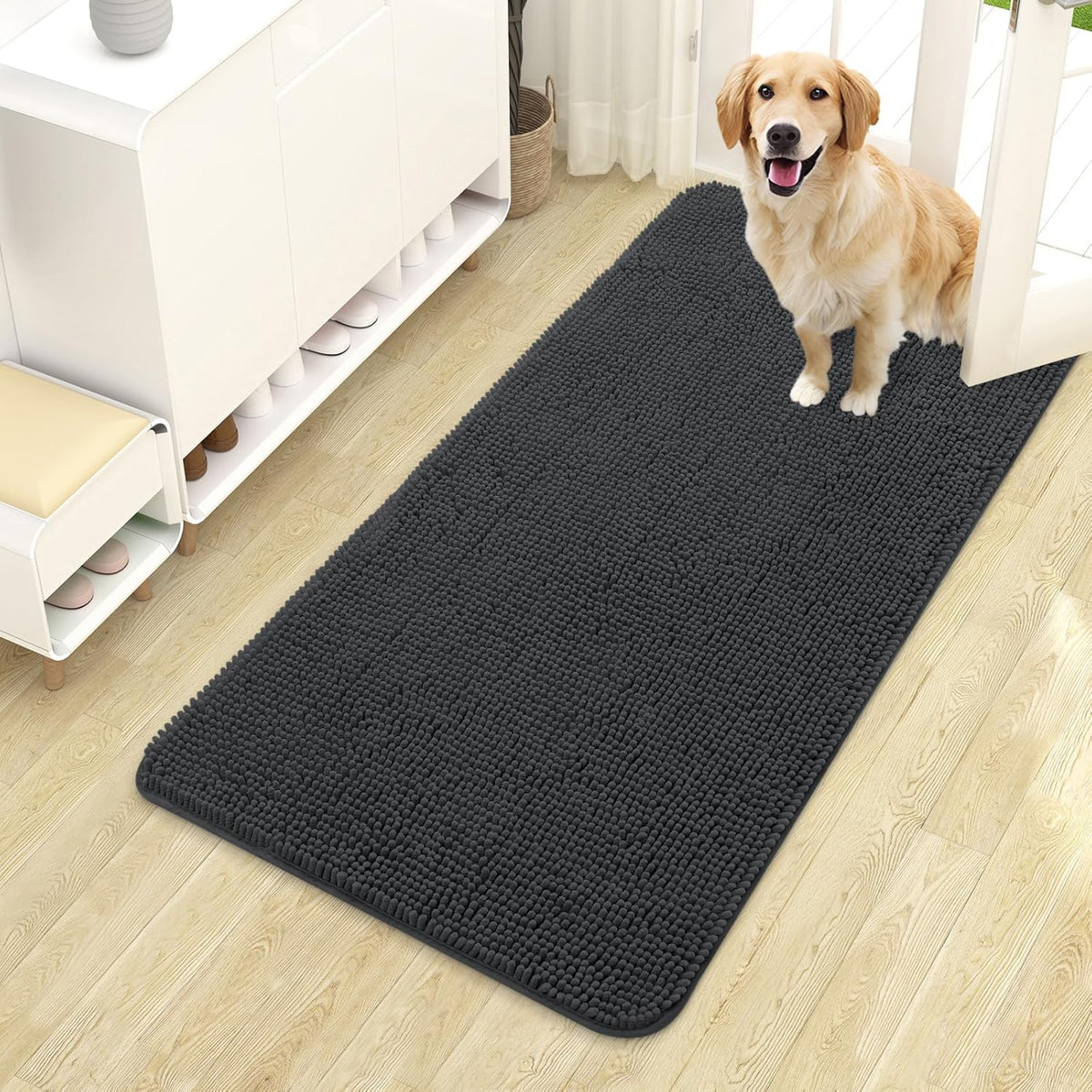 OLANLY Dog Door Mat for Muddy Paws 44x24, Absorbs Moisture and Dirt, Absorbent Non-Slip Washable Doormat, Quick Dry Chenille Mud Mat for Dogs, Entry Indoor Entryway Carpet for Inside Floor, Dark Grey
