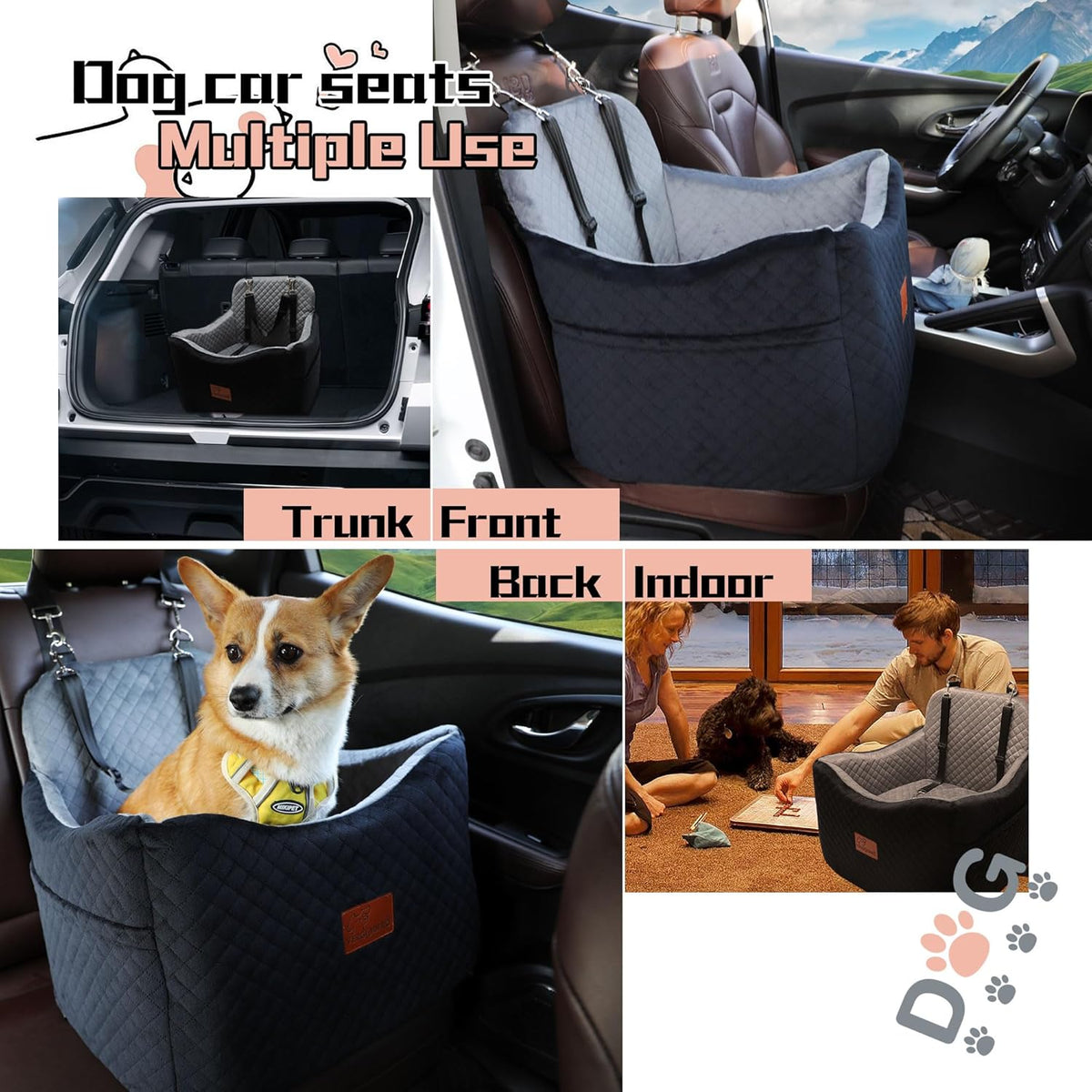 Dog Car Seat for Small/Medium Dogs,Pet Booster Seat with Harness,Memory Foam and Velvet,Safety Comfy Car Travel Pets Carrier,Interior Elevate,Washable and Detachable,Storage Pocket.(H-Black/Brown)