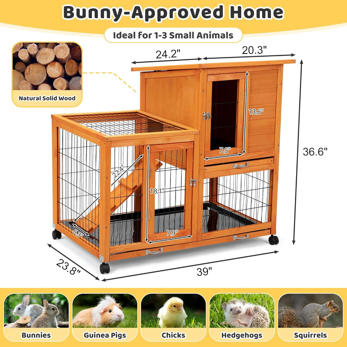 Indoor Rabbit Hutch Outdoor Bunny Hutch with Wheels, 2 Pull-Out Trays, Waterproof Openable Roof, 39" L Large 2-Level Wooden Rabbit Cage Small Animal Enclosure, Orange