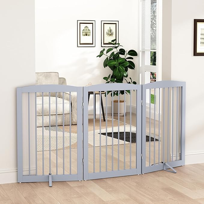 Freestanding Pet Gate for Dogs, Foldable Wooden Dog Gate for House Indoor, Tall Pet Fence for Stair, Doorway,Hall, Support Feet Included, 3 Panels 32",Grey
