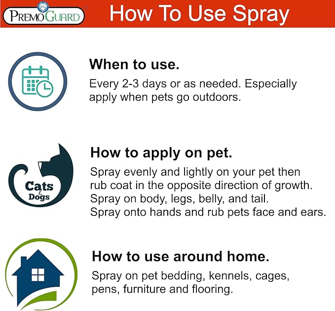 Premo Guard Pet Protector Spray - 16 oz - Kills Mites, Fleas, Ticks, & Mosquitoes - for Dogs, Cats, & Home - Natural Plant Based Oils for Control, Prevention & Treatment - Family Safe