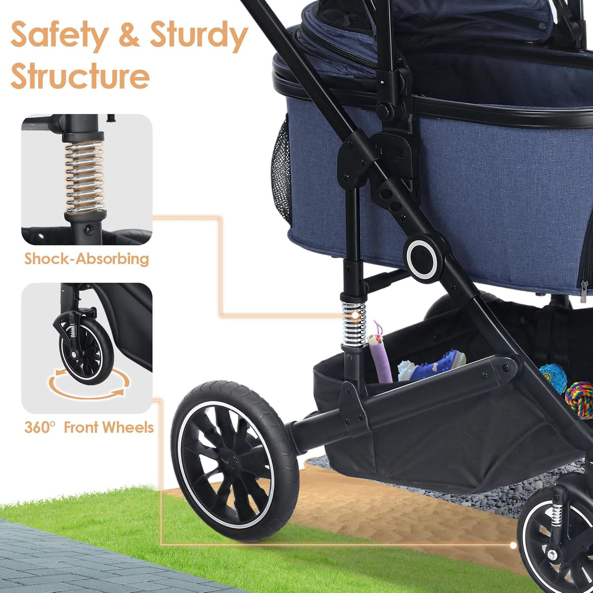 Pet Stroller with 4 Wheels, 3 in 1 Folding Puppy Strollers for Small/Medium Dogs Cats up to 50lbs, Lightweight Pet Travel Carrier with Detachable Cushion, Storage Basket and Cup Holder, Blue