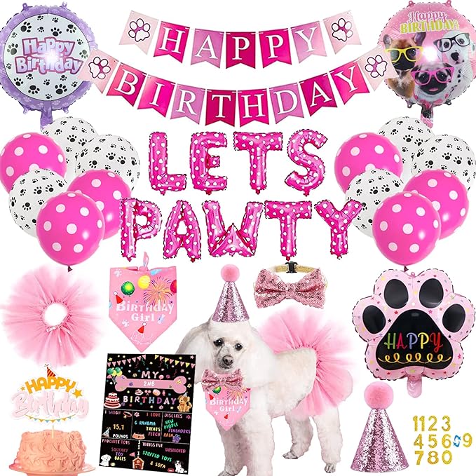 Dog Party Supplies Decorations - Cute Bandana, Let's Pawty Banner, Cake Topper, Hat, Pink Bowtie, Tutu Skirt, Paw Balloon for Birthday Celebration