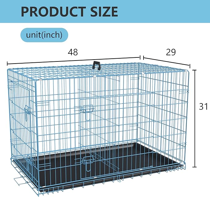 FDW Extra Large Dog Crate Dog Kennel Cage with Double Door,48 inch Folding Metal Wire Dog Cage with Removable Tray&Divider Panel,Pet Crate for Large Dogs,Blue