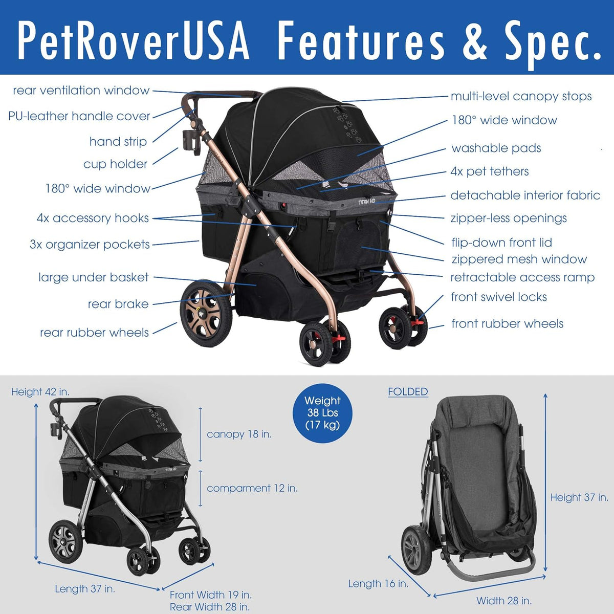 Titan-HD Premium Super-Sized Dog/Cat/Pet Stroller SUV Travel Carriage/w Access Ramp/100Lbs Capacity/Pumpless Rubber Wheels/Aluminum Frame for Small, Med, Large, XL Pets (Black)
