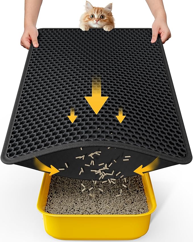 Cat Litter Mat - 23.2'' x 29.1'' Large Litter Trapping Mat, Easy to Clean Litter Box Mat, Waterproof, Urine-Proof, Non-Slip Kitty Litter Mats for Floor, Black