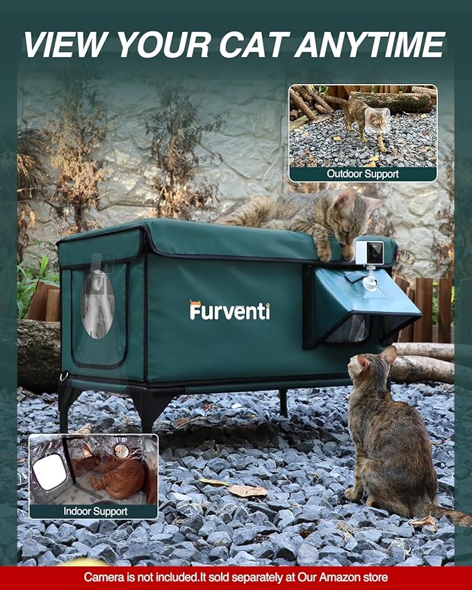 Outdoor Heated Cat House in Winter,Extremely Insulated & Weatherproof,Elevated Feral Cat Shelter with Waterproof Eaves & Escape Door for Outside Stray Barn Cat (Dark Green,S.)