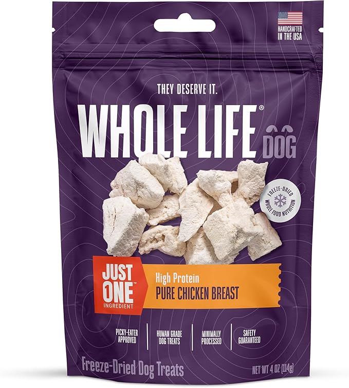 Whole Life Dog Just One Chicken Freeze Dried Dog Treats - Human Grade High Protein Food, Healthy Training Snacks, Freeze Dried Food Toppers, USA Made Natural Treats - 4 oz (Value Pack of 1)
