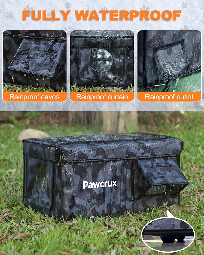 Weatherproof Heated Cat House for Outdoor in Winter, Heated Cat Bed Kitty Shelter with Cat Heating Pad, Insulated & Safe Escape Door, Warm Home for Outside Stray Cat