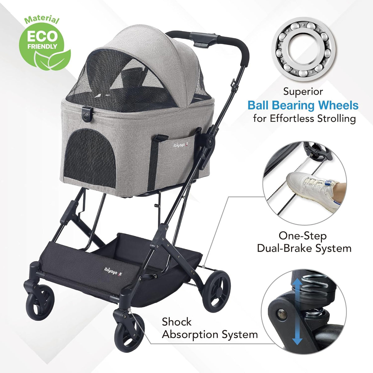 ibiyaya Essential – Travois Tri-Fold Pet Travel System for Medium Dogs, Cats, and More, 3 in 1 Dog Stroller with Detachable Carrier, XL Cabin (Taupe Gray)