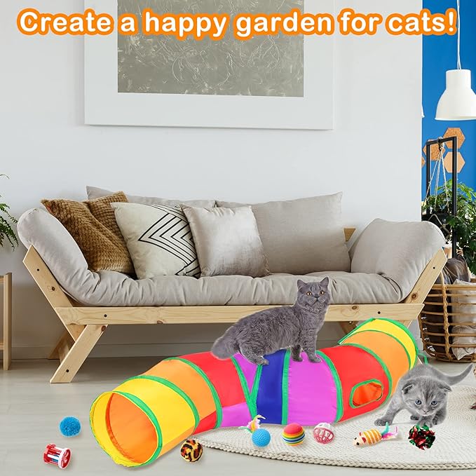 Wettarn 22 Pieces Cat Toys Set, with 2 Collapsible Tunnels for Indoor Cats and 20 Kitten Toys Tubes and Tunnels Interactive Feather Mouse Crinkle Balls for Pets Puppies(Colorful)