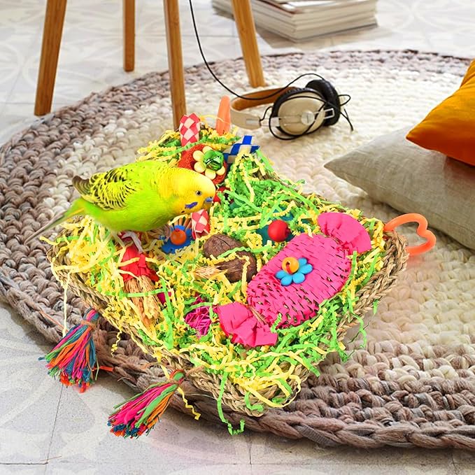 KATUMO Bird Toys - Large-Sized Grass Mat with Colorful Parrot Foraging Shredder Hanging Toys for Conure and Other Birds